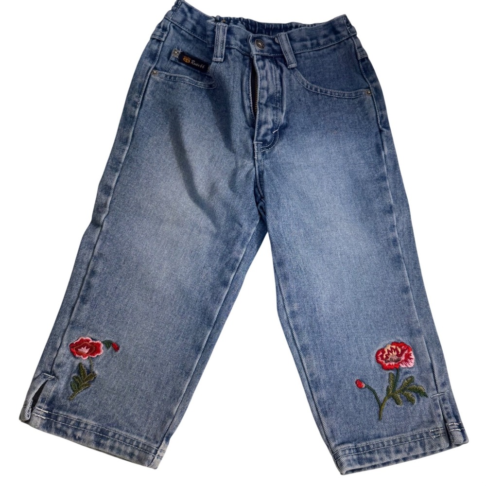 Vintage Y2K Route 66 Embroidered Floral Denim Jean Capris Girl 6 barrel wide leg